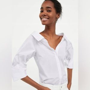 Zara white button up blouse with wide neck and gathered sleeves